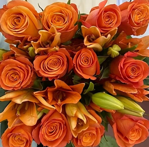 Lilies + Roses with Eucalyptus Rose Farmers