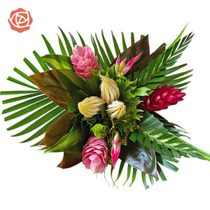 Green, pink & yellow tropical bouquet close up with (2) Ginger Pink, (1) Ginger Red, (2) Chili Pink Picks, (2) Anglonema, (2) Arrow Palm, (6) Cordelyne, (1) Croton Tip Fountain, (2) Masajeana, (2) Pandanus,. 