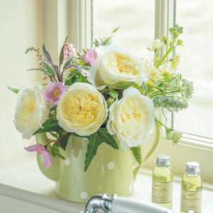 Pitcher of Patience roses with Charming milky buds ruffle out into ivory sculpted cups of delicate, lace-like petals revealing a creamy colored centre with just a hint of pale, buttery yellow.