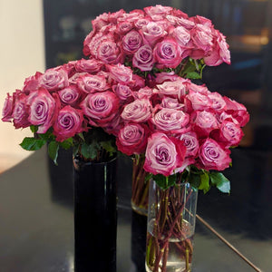 3 vases full of bouquets of Magenta and Lavender Bi-Colored roses