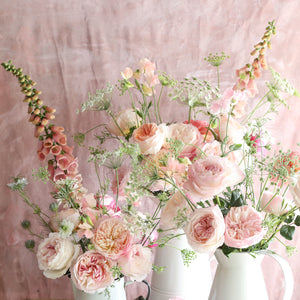 Close ups in white pitchers of Keira roses - Frilly wedding-dress petals frame her cupped blooms in every shade of soft pink, from raspberry ripple to clotted cream. 
