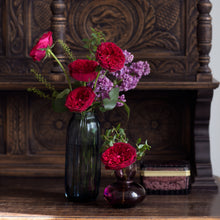 small vase with 5  Tess roses with blackcurrant tones and richly ruffled rosettes with a glint of shimmering gold
