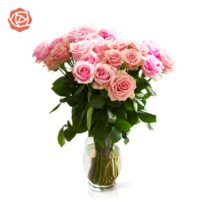 vase of pink bi colored roses with ruffled edges and light pink cream tones with darker pink on the outer petals 