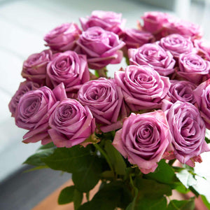 close up bouquet ofPurple Attraction Long Stem Roses have a hint of lavender in the center