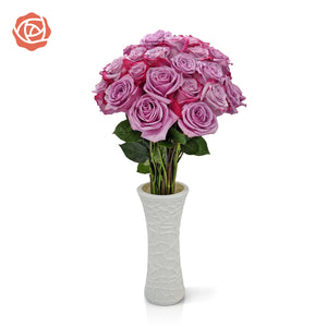 White vase of Magenta and Lavender Bi-Colored roses