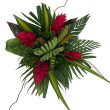 red & green tropical bouquet of (1) Banana Fingers, (4) Ginger Red, (6) Cordelyn, (2) Croto Largo, (3) Palm, (2) Pandanus, (1) Pandanus Curly, (1) Tip Cordelyne babydoll, (3) Willow. 