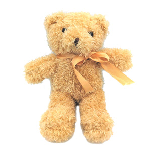 Sandy colored teddy bear with ribbon