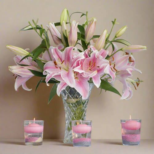 Glass vase with a bouquet of blooming pink lilies 